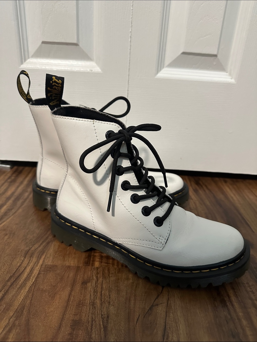 Dr. Martens Luana White Leather Lace-Up Platform Boots with Black Laces
